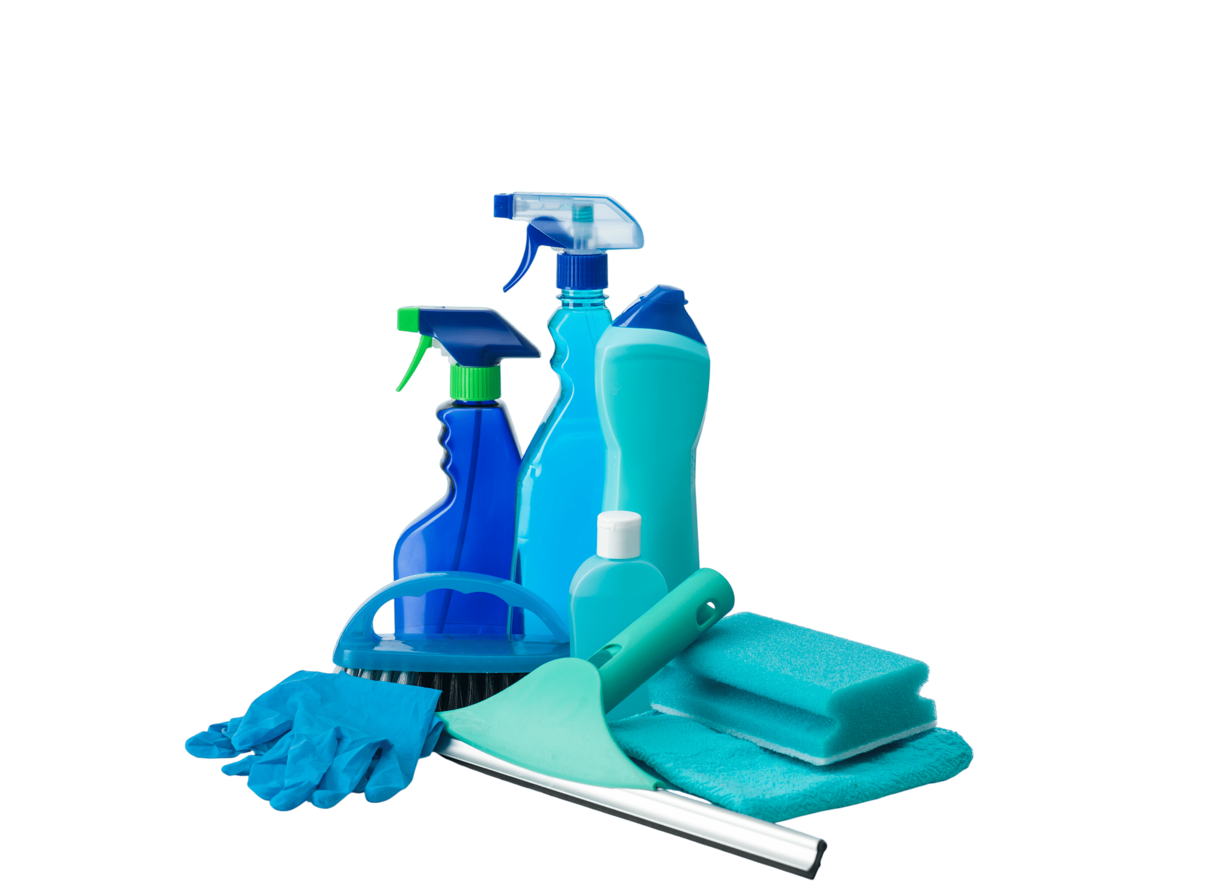 A turquoise cleaning kit on a black background includes spray bottles, rubber gloves, a squeegee, and sponges, arranged neatly for a fresh, practical look.